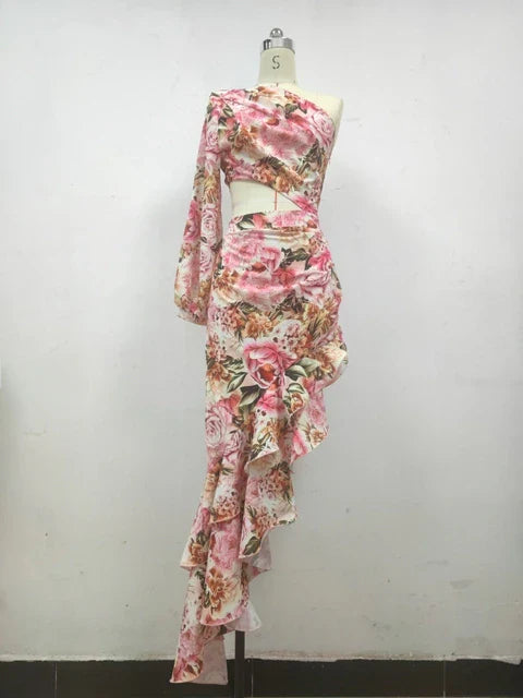 Hoobd Sexy Slanted Shoulder Floral Irregular Ruffle Dress Summer One Shoulder Cut Out Ruffle Long Dress Women Party Club Evening Dress