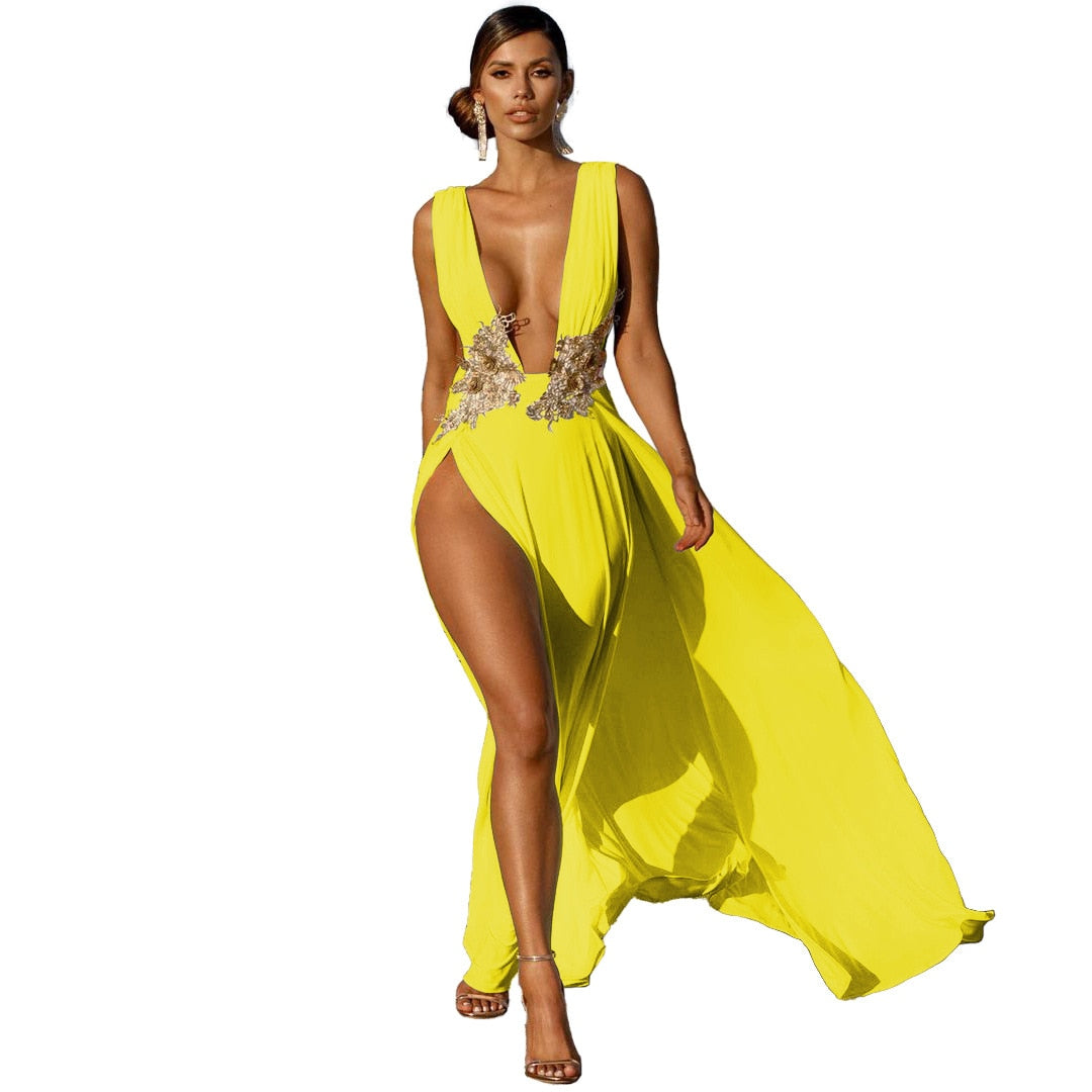 Hoobd Women Evening Party Dress Vestidos Long Maxi Dress Sexy Summer Deep V Neck Backless Dress High Slit Fashion Festival