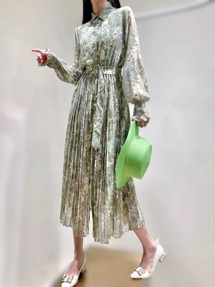Fashion Designer Spring Print Midi Chiffon Dress Women 2023 New Elegant Long Sleeve Single Breasted Vintage Vacation Robes