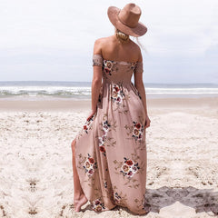 Hoobd Boho style long dress women Off shoulder beach summer dresses Floral print Vintage chiffon white maxi dress vestidos de festa