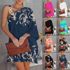 Hoobd Sexy One Shoulder Dress Women 2023 Fashion Printed Loose Office Mini Dresses Casual Straps Batwing Sleeve Beach Party Dresses