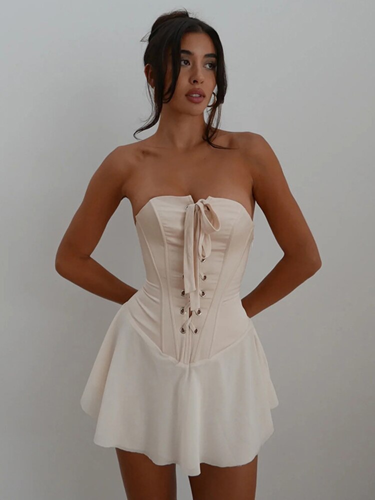 Hoobd Elegant Strapless Lace Up Corset Mini Dress Party Club Outfit for Women Hot Sexy Sheath Backless Dresses 2023 Summer Clothes