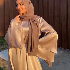 Solid Long Satin Ramadan Muslim Clothes Long Sleeve Dress