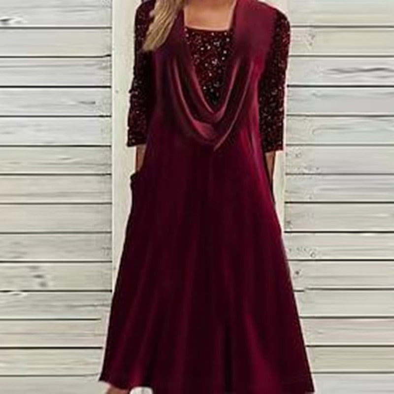 Women Square Collar 3/4 Sleeve Pleated Casual Dress Spring Elegant Sequin Splice Velvet Dress Loose Buttons Pocket Hem Dresses