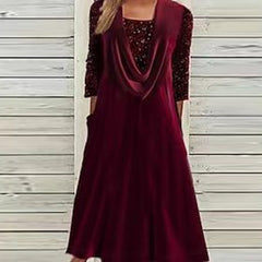 Women Square Collar 3/4 Sleeve Pleated Casual Dress Spring Elegant Sequin Splice Velvet Dress Loose Buttons Pocket Hem Dresses