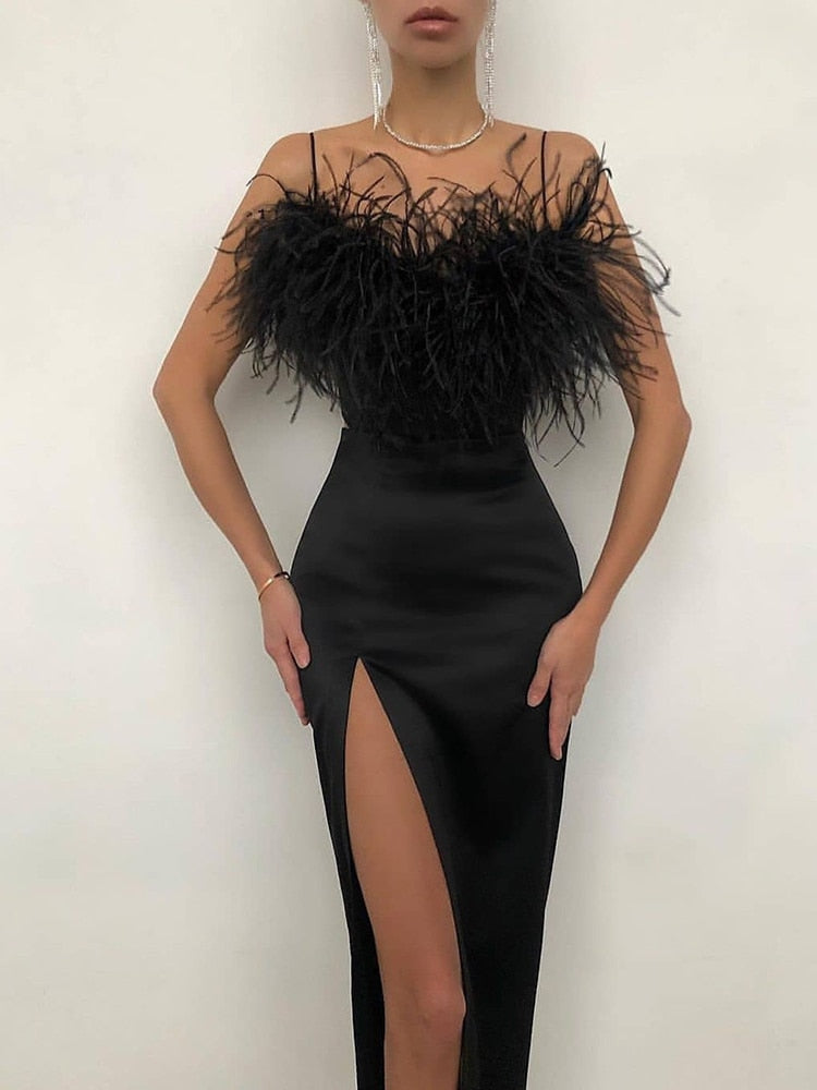 Hoobd Luxury Feathers Dress Women Sleeveless Spaghetti Strap High Waist Bodycon Slit Mid-calf Wedding Birthday Party Evening Dresses