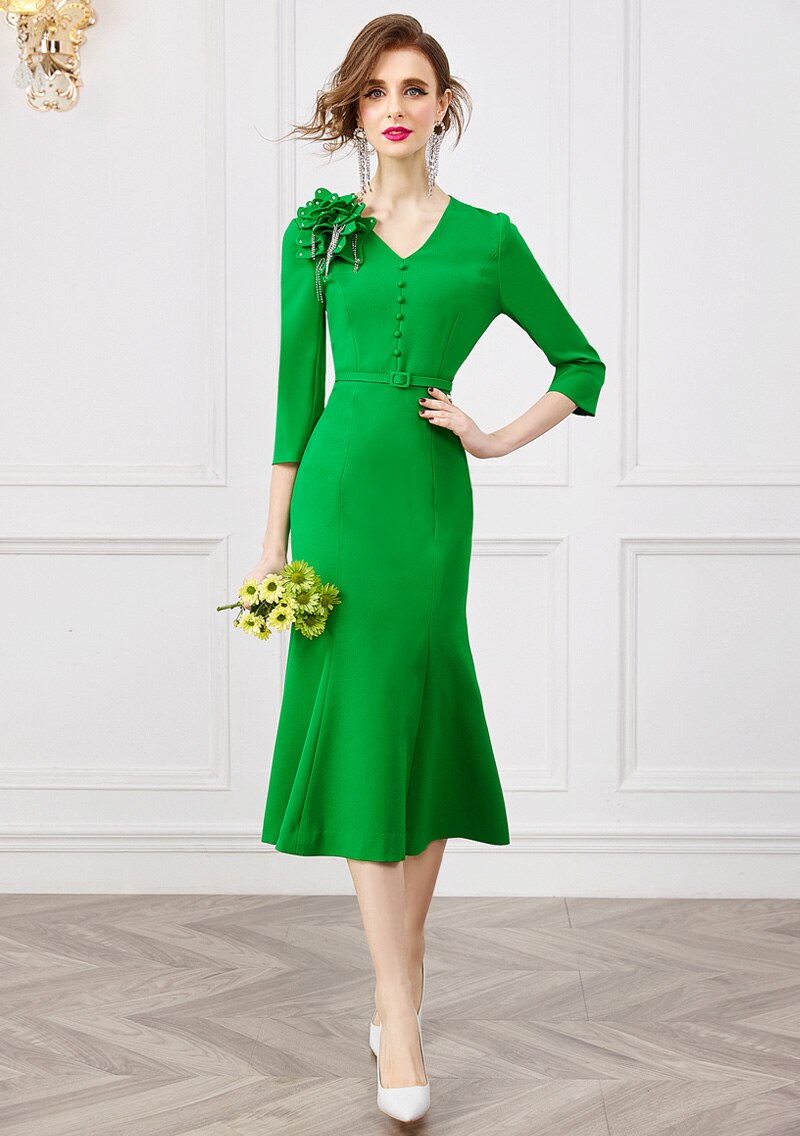 Hoobd Spring Fashion 3D Floral Beading Mermaid Party Dresses for Women 2023 Designer Elegant V Neck Midi Evening Vestidos Ladies
