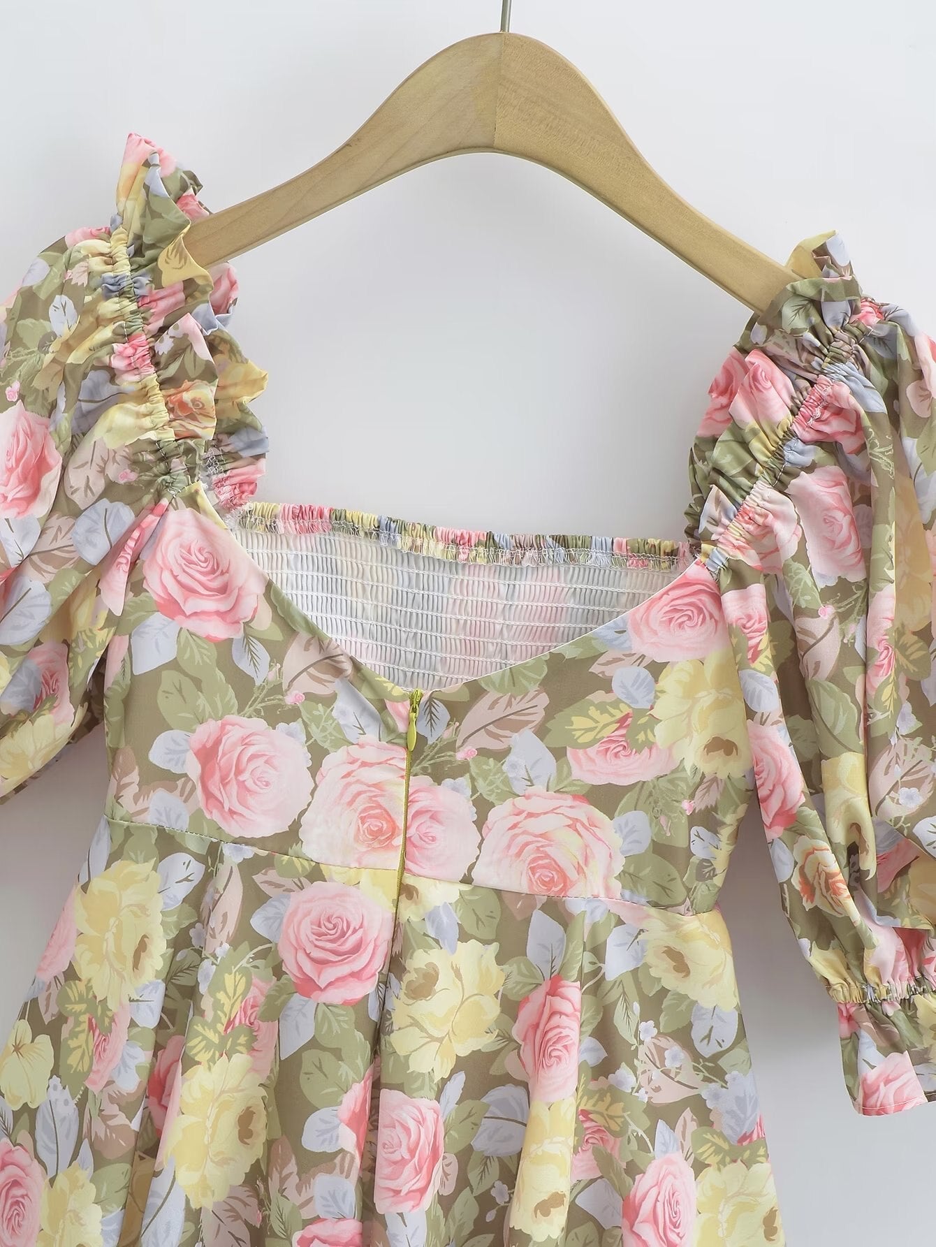 Hoobd Summer Women Rose Floral Print Dress Sexy Backless Puff Sleeve Ladies Holiday Party Mini Dresses