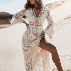Hoobd Elegant V Neck Lady Loose Maxi Party Dress Women Flare Sleeve Solid Lace Dress Summer Hollow Out Casual Long Dress Vestidos