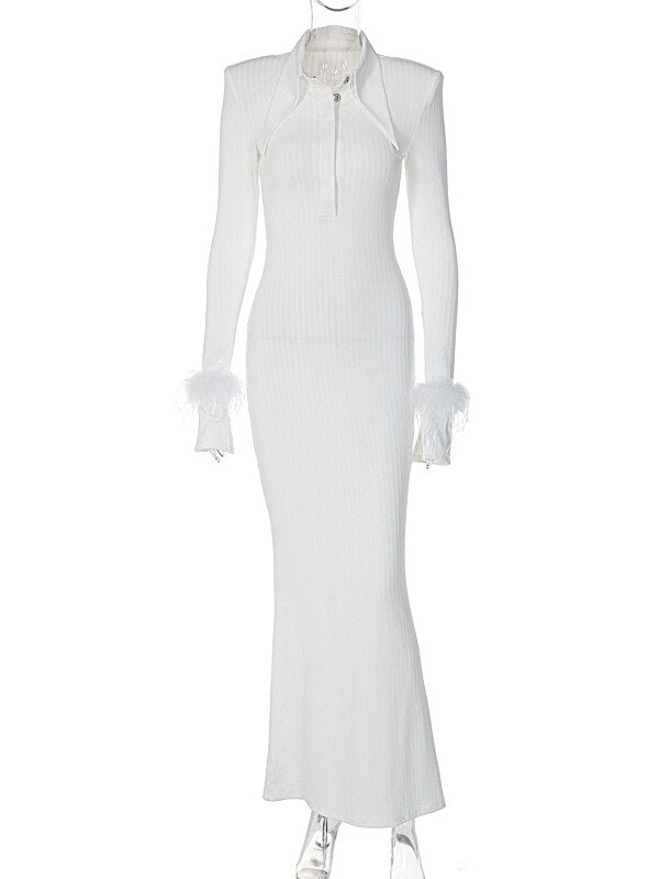 Fashion Elegant Polo Collar Feathers Long Sleeve Long Dress White Streetwear Autumn Winter Bodycon Wedding Party Evening Dresses