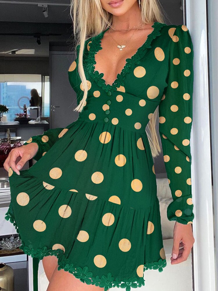 Hoobd Polka Dot Print Lace Trim Ruched Dress Women Sexy Plunge Long Sleeve Flared Mini Dress