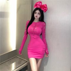Hollow Out Long Sleeve Mini Dress Women O-neck Elastic Party Dresses Women Evening Tight Short Pencil Dress Female Bandage