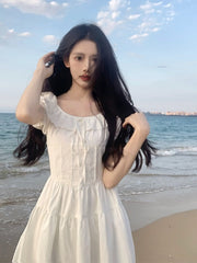 Korean Design Sweet Lace Mini Dress Female Causal Beach Style Pure Color Dress Elegant Office Lady Ruffles Dress 2023 Summer