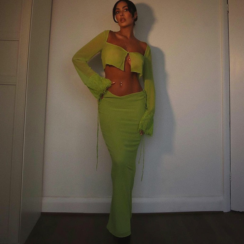 Hoobd Y2K See Through Maxi Skirt 2 Pieces Sets Long Sleeve Cardigan Crop Top Bodycon Long Skirt Women 2023 Summer Dress Sets