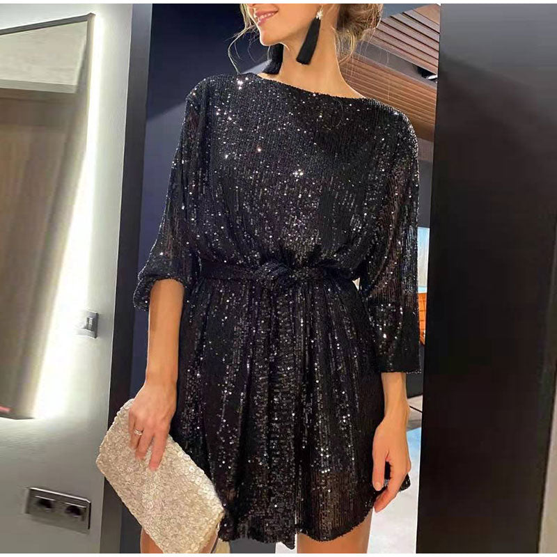 Hoobd Women Solid Sexy Sequins Mini Dress Female Fashion Long Sleeve Clothes Lady Elegant Evening Party Club Festival Dress