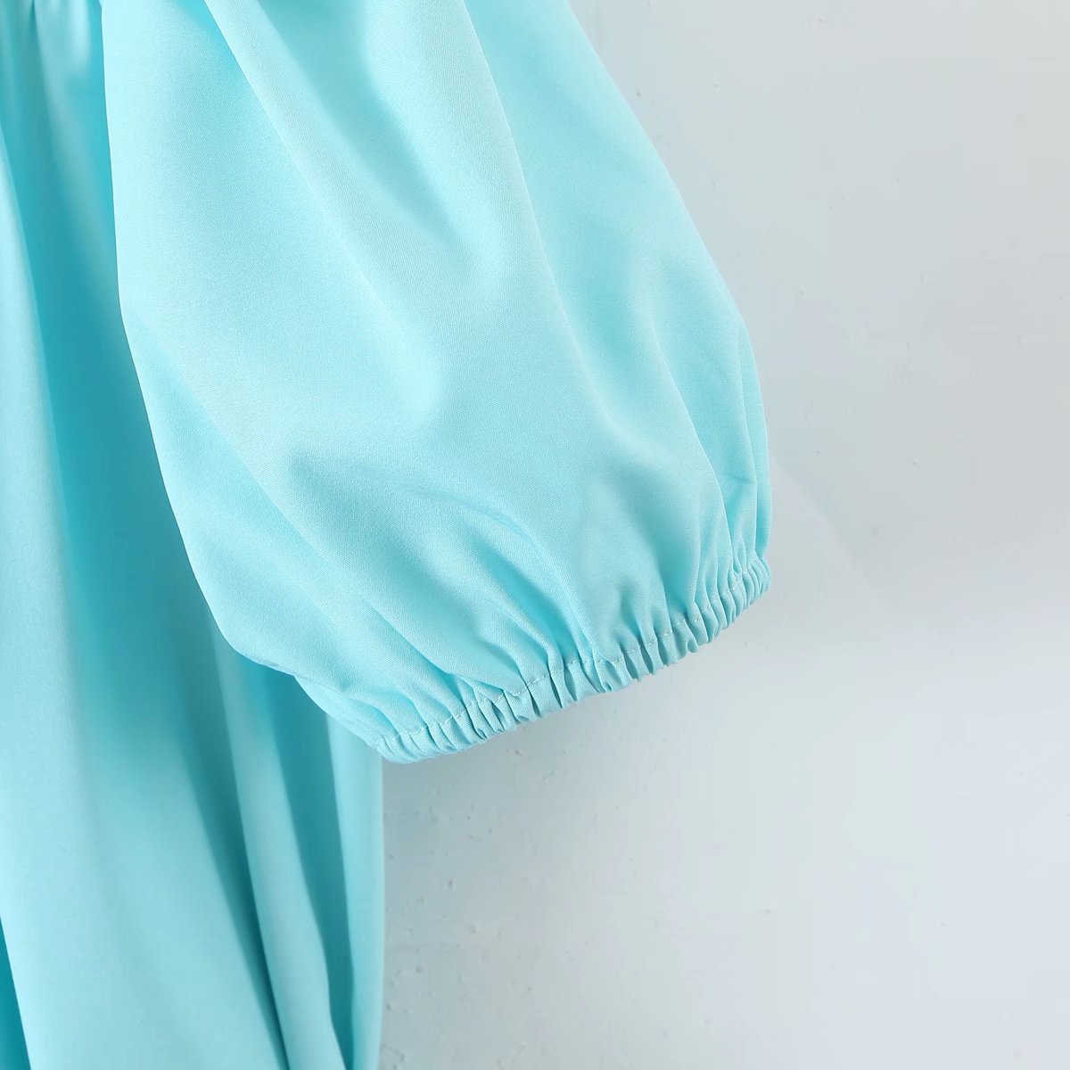 Hoobd New Women Vintage Drawstring Waist Sky Blue Dress Puff Short Sleeve Ladies Holiday Summer Casual Dress Short Vestido