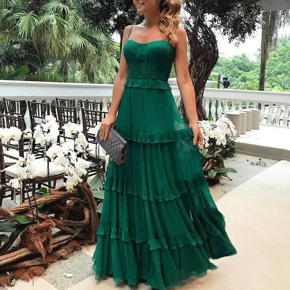 Hoobd Green Tulle Spaghetti Strap Womens Dress Elegant Party Evening Sleeveless Sexy Long Dresses Pleated Ruffles Maxi Summer Dress