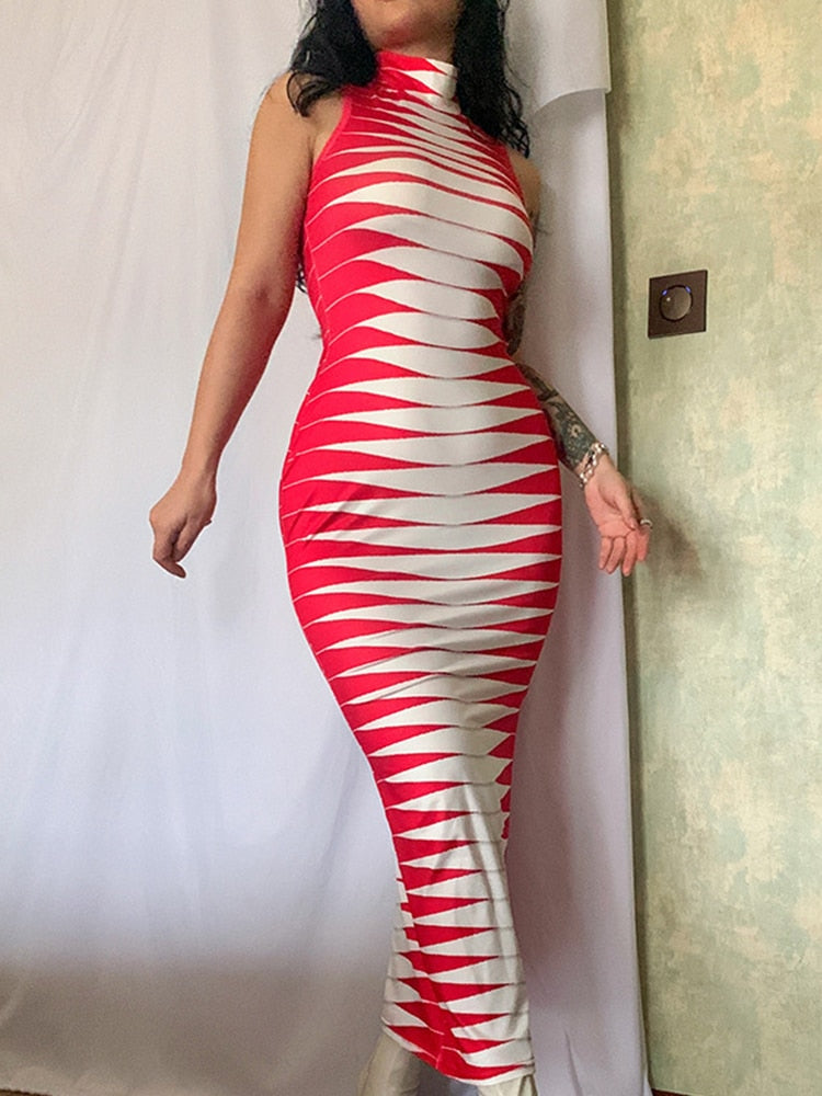 Hoobd Halter Sexy Dress Stripe Printed Bodycon Dress Summer Sleevless Mini Dress Club Female Outfit Streetwear Backless Dress