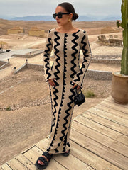 Tossy Striped Contrast Color Knit Maxi Bodycon Dress Boho High Waisted Hollow Out Slim Dresses Women Holiday Dresses Vestidos