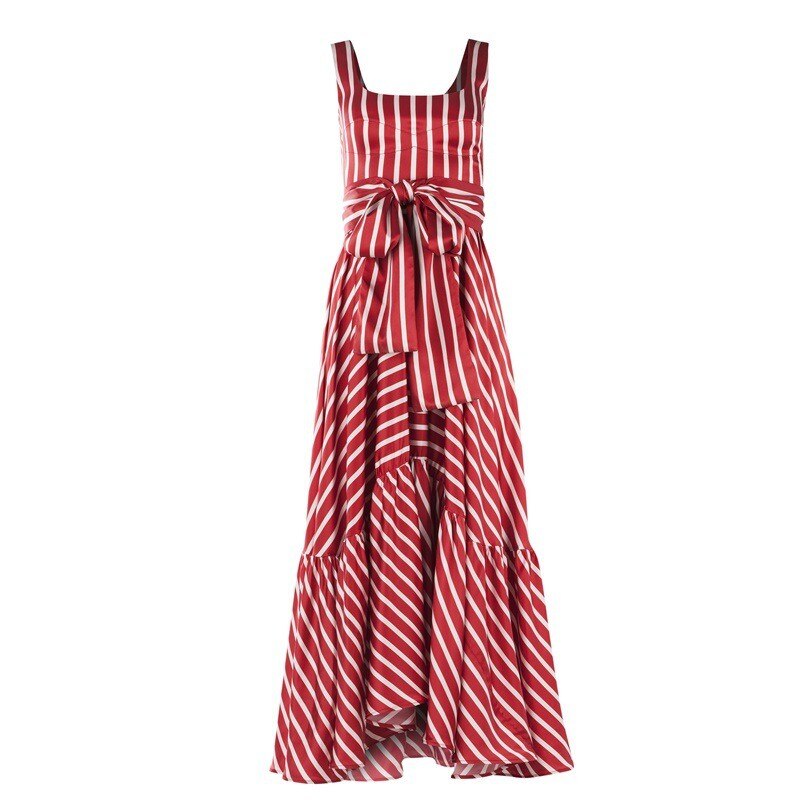 Hoobd Women Dress Striped 2024 summer beach dress Bohemia Dress Sexy Long Maxi Dresses Bow Lace Up Ruffles Long Summer Dress