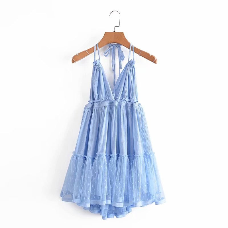 Hoobd summer dress cotton lace pleated halter backless beach dresses V-neck sexy dress women bohemian vestidos 2023