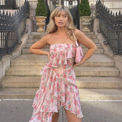 Hoobd Floral Print Spaghetti Strap Dresses Mini Women Sexy Backless Halter Neck Spring Summer Ruffle Casual Beach Dress