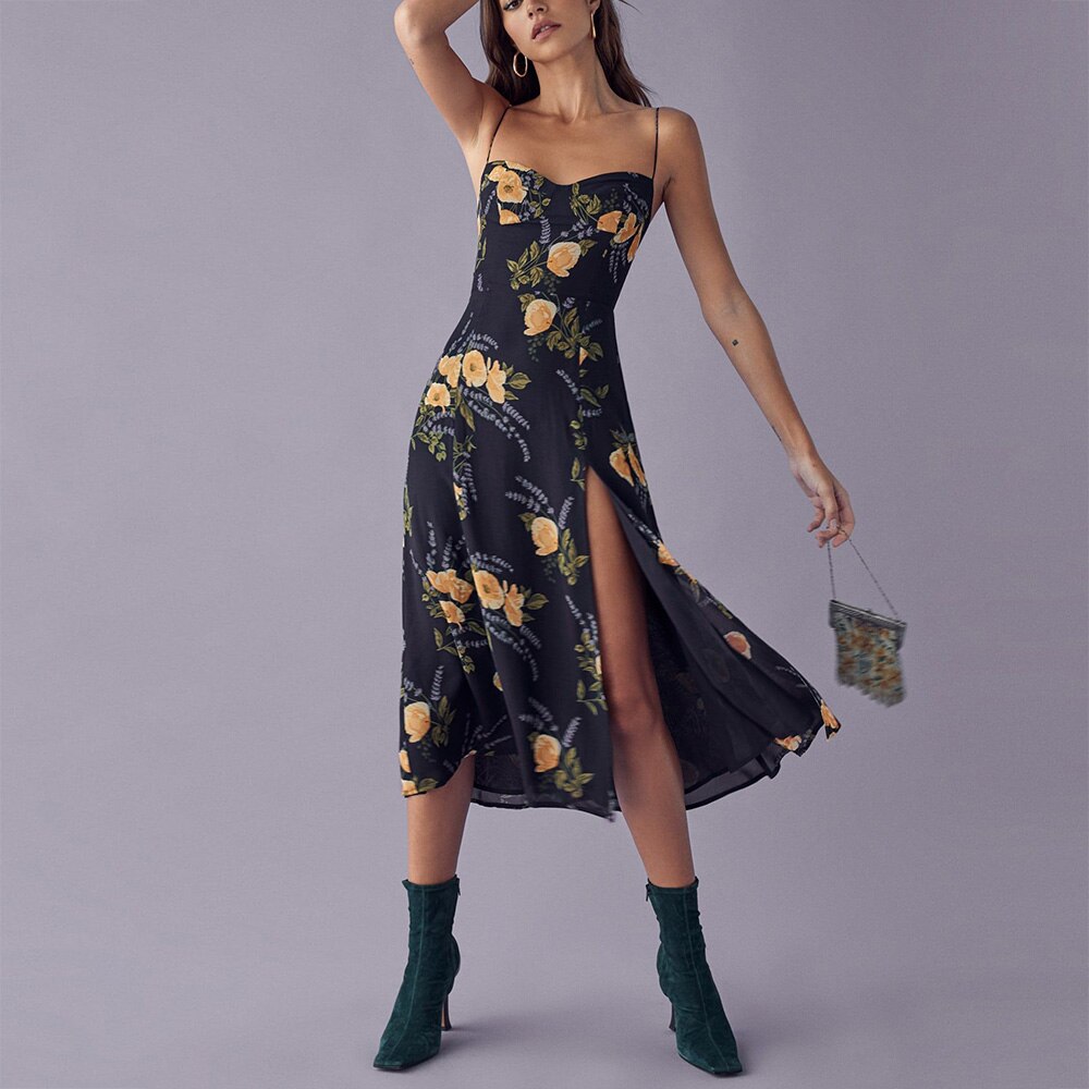 Hoobd Summer Dresses For Women Elegant Vintage Floral Print Dress Sweetheart Neck Spaghetti Strap Midi Dress With Slit Sundress