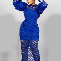 Hoobd Fall Party Dresses For Women Women Fashion New Dress Autumn Fall Blue Hollow Out Lantern Sleeve Bodycon High Waisted Ankle Length Luxury Wedding Birthday Hot
