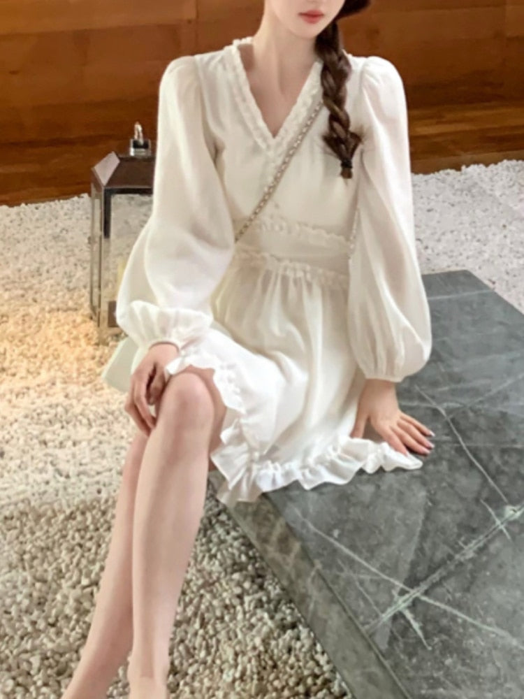 French Elegant Mini Dress Women Solid Basic Sweet Vintage Chiffon Dress Office Lady One Piece Dress Korean Solid 2023 Spring