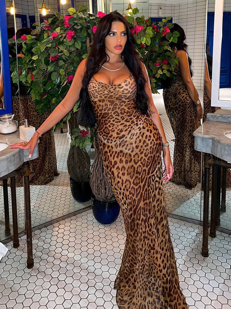 Hoobd Leopard Print V-Neck Sexy Bodycon Long Dress Women Lace Up Backless Summer Dresses Female Straps Party Beach Vestidos