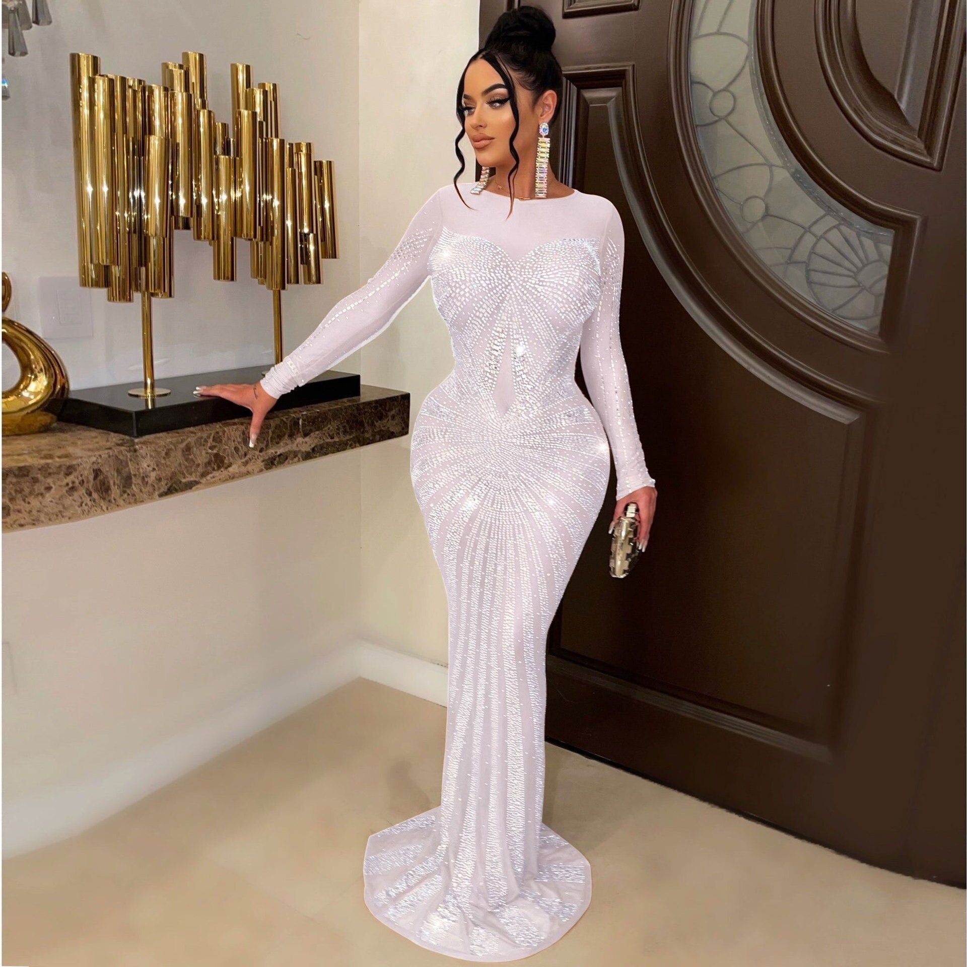 Hoobd Sexy Rhinestones Floor-length Evening Dresses Luxury Elegant Women's O-neck Long Sleeve See-through Mesh Night Club Long Dress