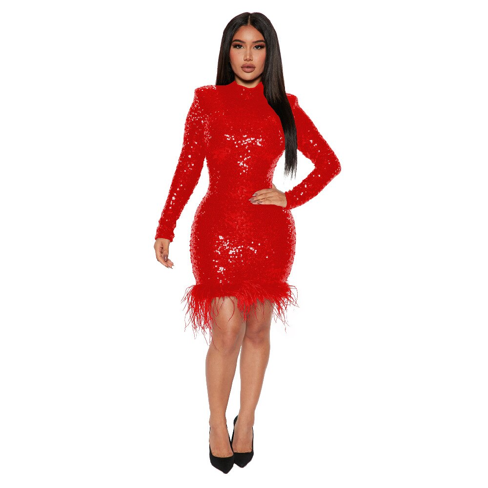 Fashion Sexy Bodycon Birthday Party Dress for Women 2023 Spring Long Sleeve Feather Sequins Short Evening Dresses Black Red