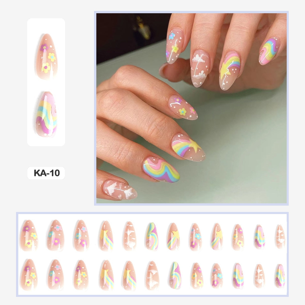 24pcs Girlish Colorful Graffiti Nail Art Fake Nails With Plants Flowers Patterns Short Press on False Nails With Wearing Tools