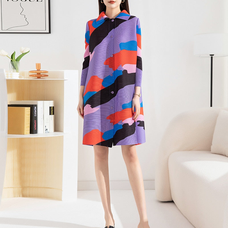 Miyake Pleated Loose Plus Size Dress for Women 2023 Spring Autumn Fashion Printed Square Collar Single Breasted Plump Girls Tops