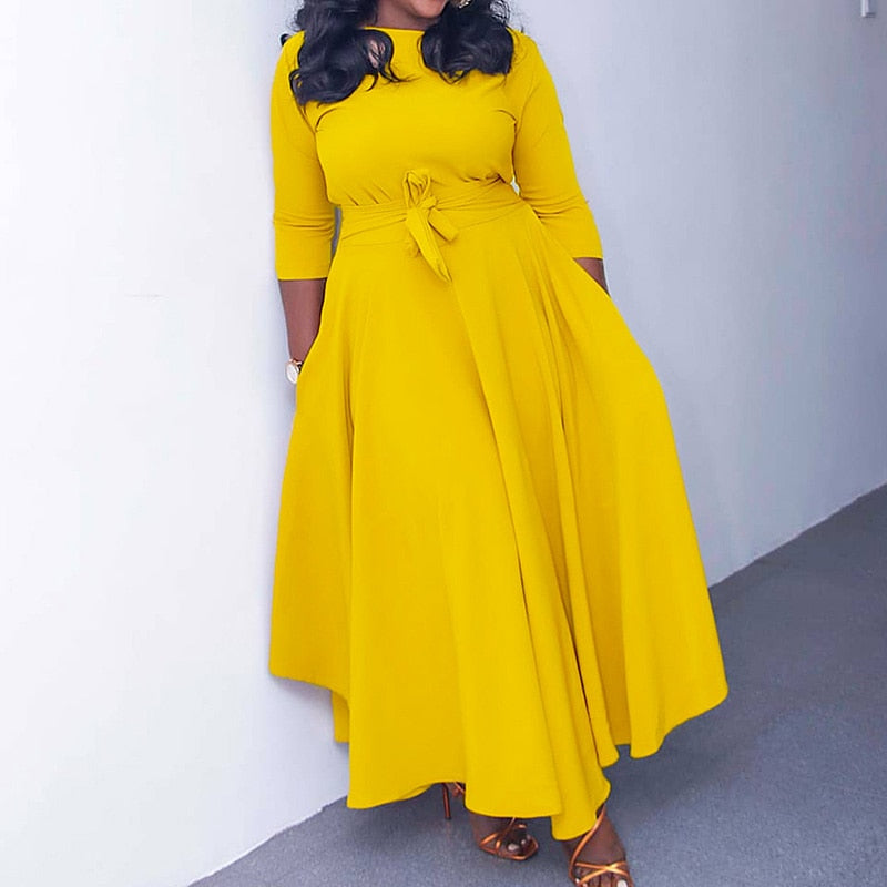 Autumn Winter Plus Size Women Clothes Solid Color Fashion Round Neck Bandage Three Quarter Sleeve Higt Waist Elegant Maxi Dress