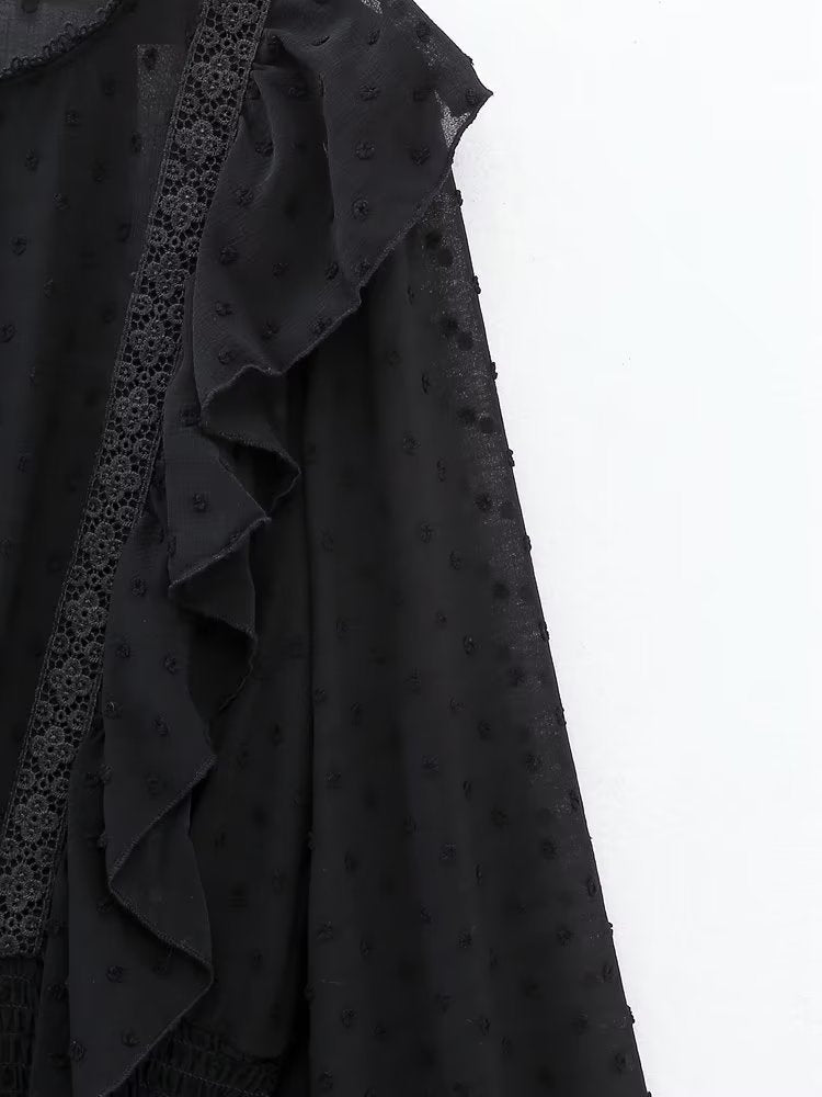 New Spring Women Ruffled Dotted Black  Dress Long Sleeve Elastic Waist Female Vintage Dresses Short Vestidos