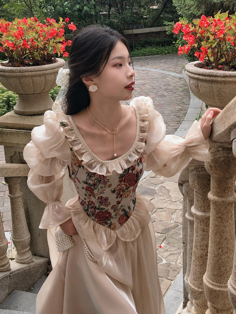 Hoobd French Vintage Print Floral Dress Women O-neck Elegant Evening Party Midi Dress Female Puff Sleeve Korea Fairy Dress Autumn