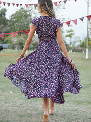Hoobd Summer Elegant Floral Long Dress Women Casual Bandage Irregular Slit Boho Beach Dress Fashion Green V Neck New In Dresses 2023