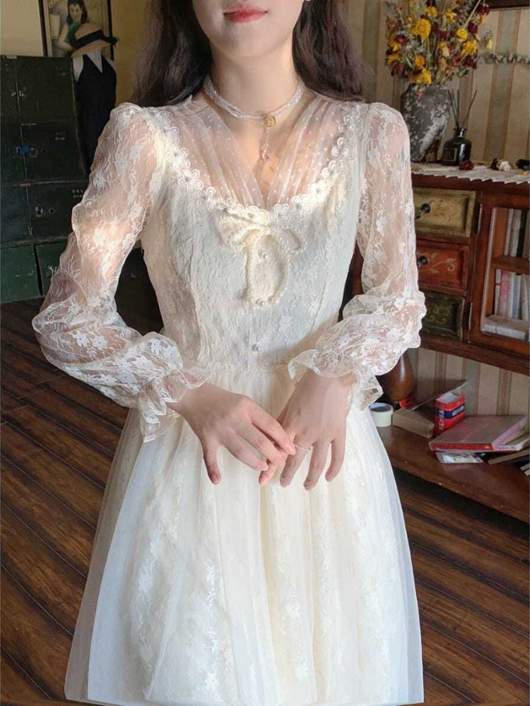 Hoobd France Elegant Sweet Dress Women Vintage Lace Party Midi Dresses Casual Slim Fit Holiday Fashion Long Sleeve Retro Dress 2023