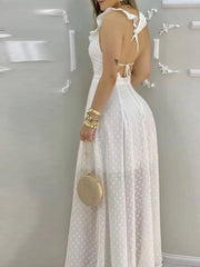Hoobd Polka Dot Print Ruffle Hem Open Back Slit Maxi Long Dress Women