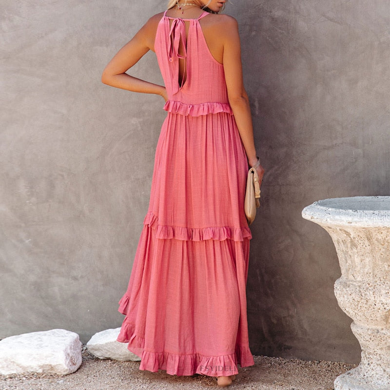 Summer Solid Color Ruffled Maxi Dress