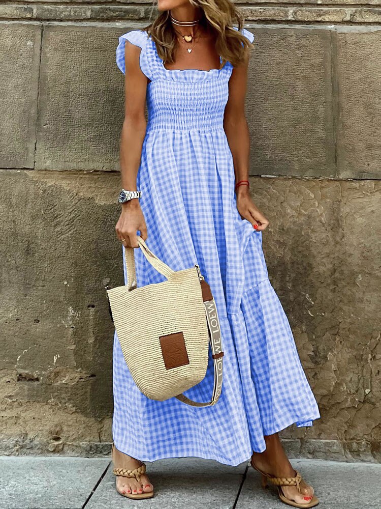 2023 New Summer Ruffle Sleeve Long Dress Retro Plaid Printed Beach Maxi Dress Women Sexy Square Neck Loose Hem A-Line Dress