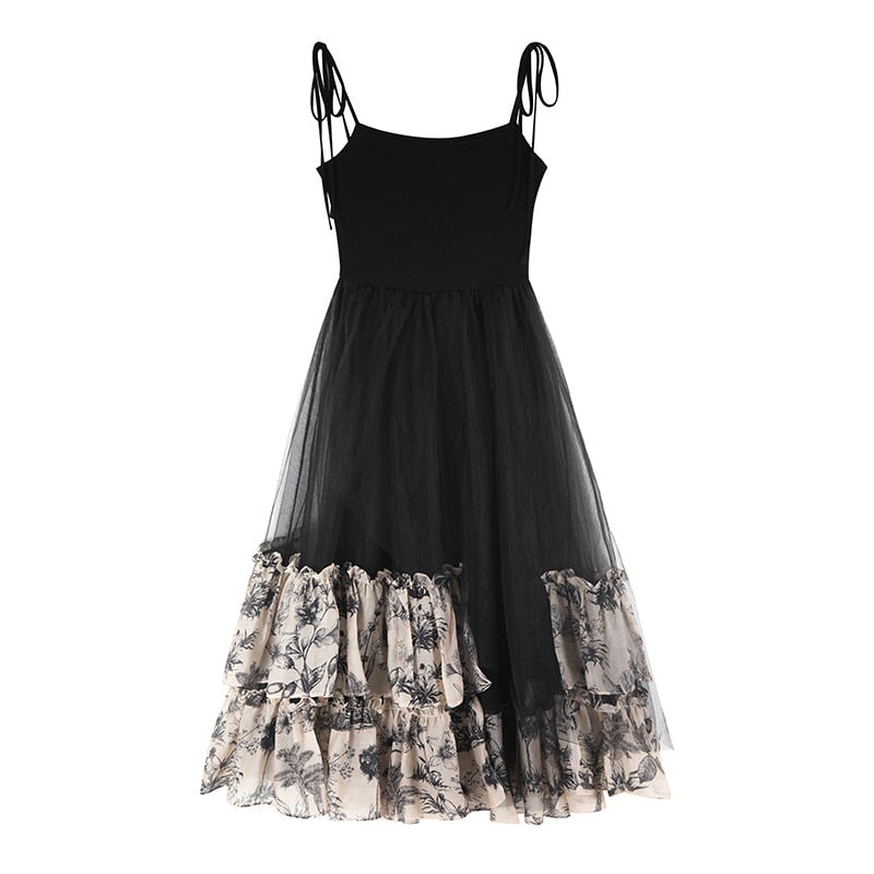 French Vintage Black Strap Dress Gothic Casual  Summer Sleeveless Sexy Retro Midi Dress Slim Korean Style Party Dress Woman