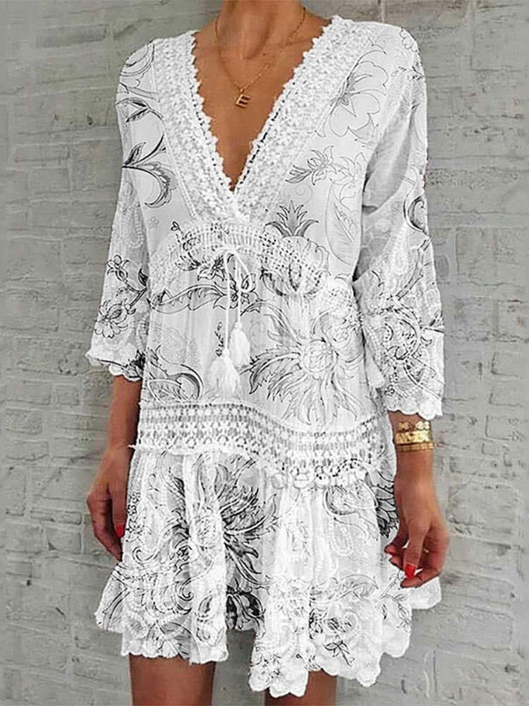 Hoobd Women Lace Round Neck Mini Dress Spring Summer Hollow Out Short Sleeve Patchwork Dress Loose Off Shoulder Beach Dress Vestidos