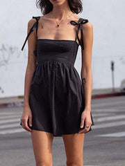 Hoobd Cute Lady Spaghetti Strap Mini Dress Square Collar Sleeveless 2024 Summer Party Outfits Elegant A Line Dresses Women