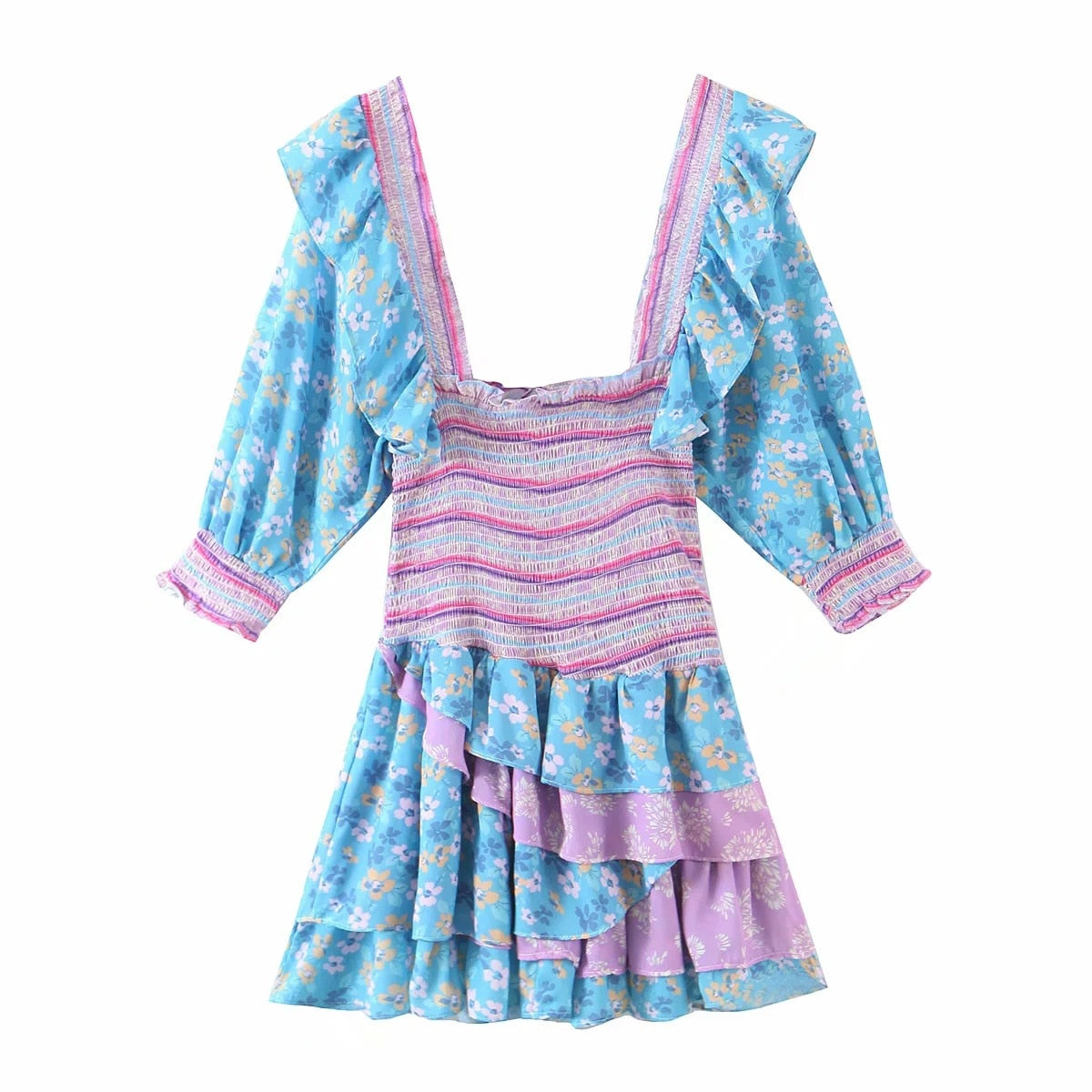 Hoobd Summer Mixed Floral Prints Ruffled Holiday Dress Square Neck Smocked Sexy Laides Dress Mini Dress