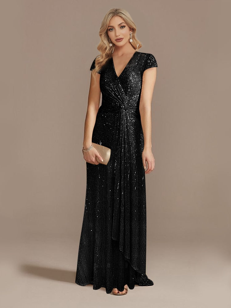 Hoobd New Luxury Champagne V-Neck Sequin Evening Dress Women Party Maxi Dress Beading Gowns Long Prom Cocktail Dresses