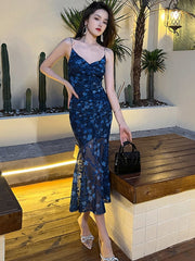 Mesh Women Evening Dress Retro Sheer Floral Strap Backless Bandage Slim Midi Party Club Beach Robe Femme Mujer Vestidos Summer