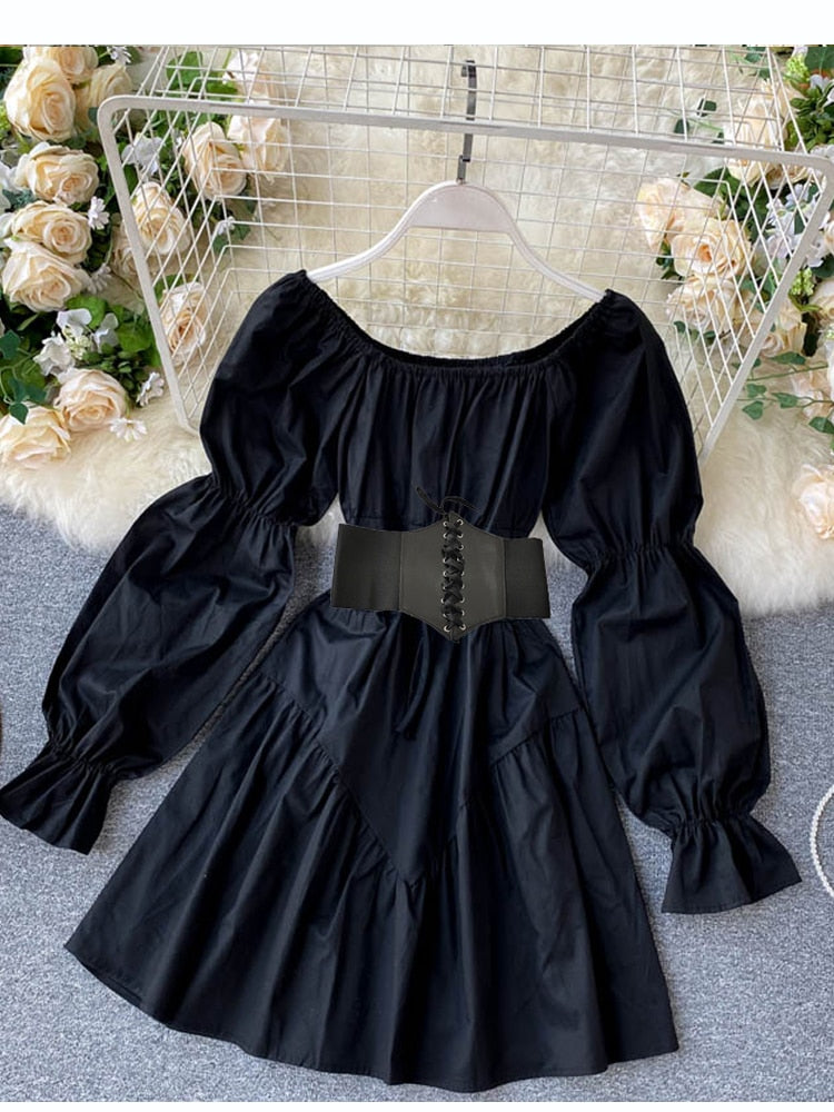 Hoobd Early Autumn Dress Retro Gothic Women White Black Bandage Mini Dress Sexy Off Shoulder Puff Sleeve Korean Vestidos