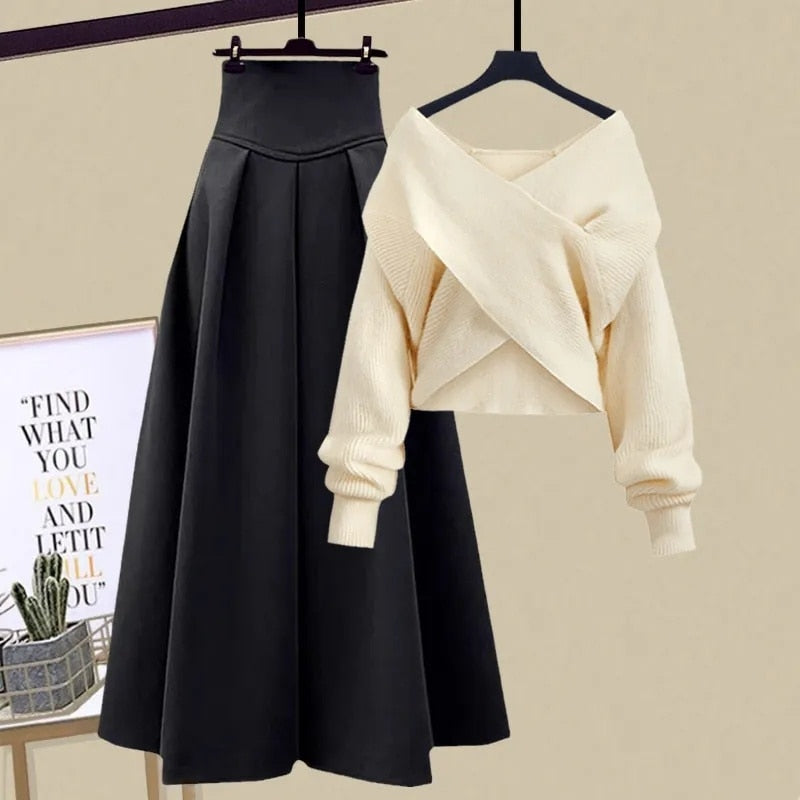 Hoobd2023 Autumn Winter Skirt Sets For Women Outfits Korean Casual Knitwears Pullover Sweater And High Waist Skirts Two Piece Sets
